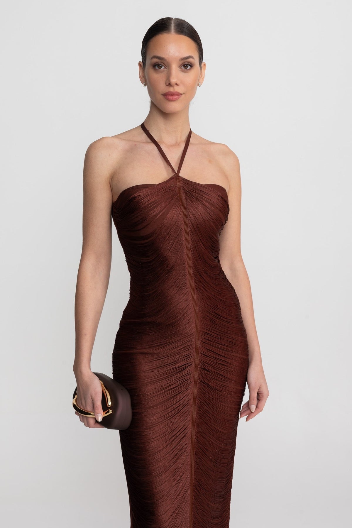 Pleated Halter Neck Body-Contouring Dress with Front Slit – Brown – view 4