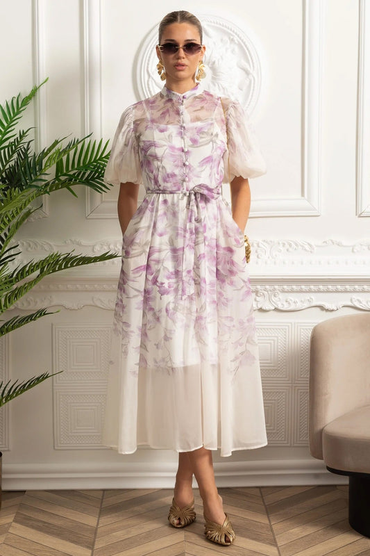 Sheer Botanical Print Puff Sleeve Midi Shirt Dress – White/Purple