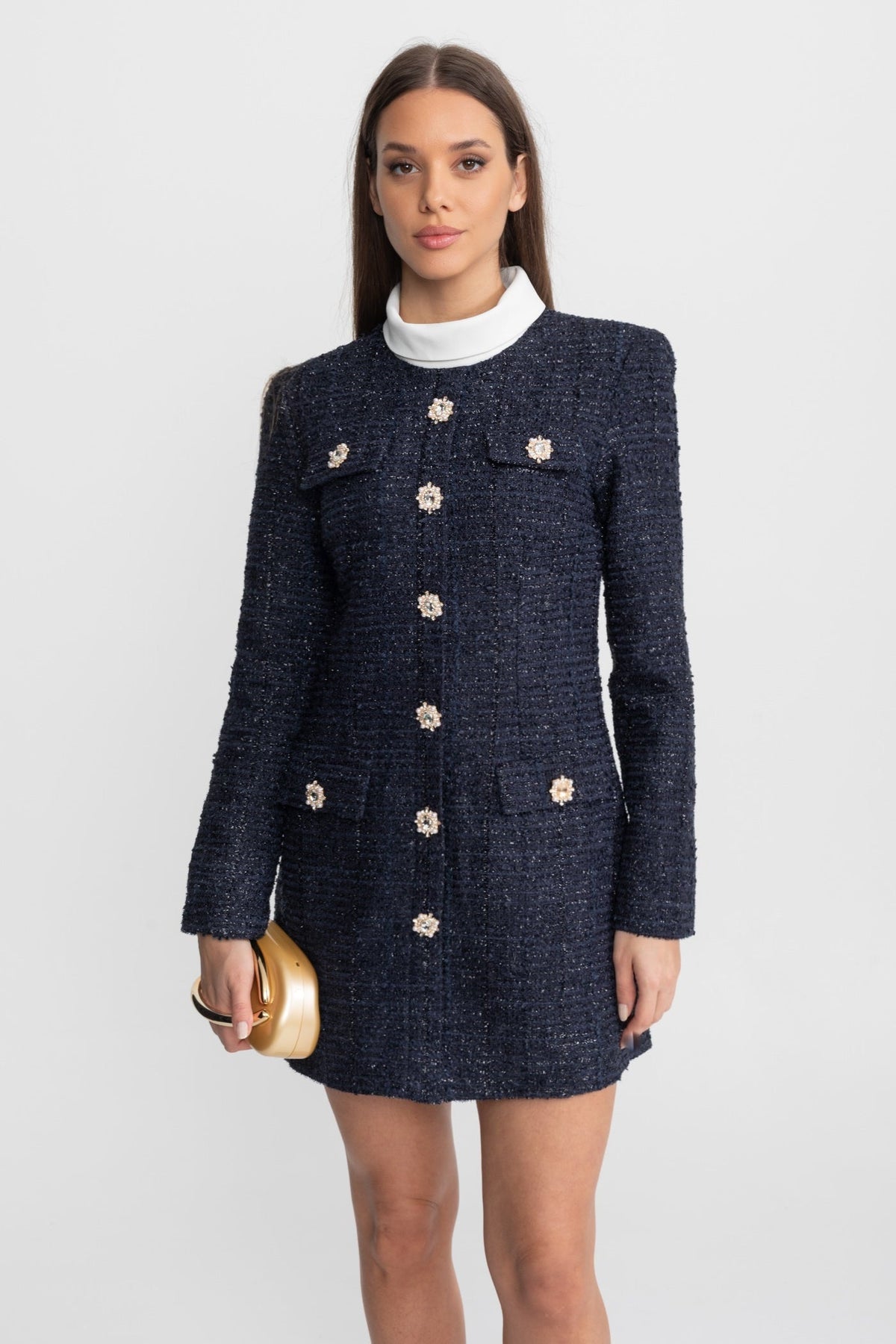 Long Sleeve Tweed Mini Dress with High Neck and Crystal Buttons – Navy – view 4
