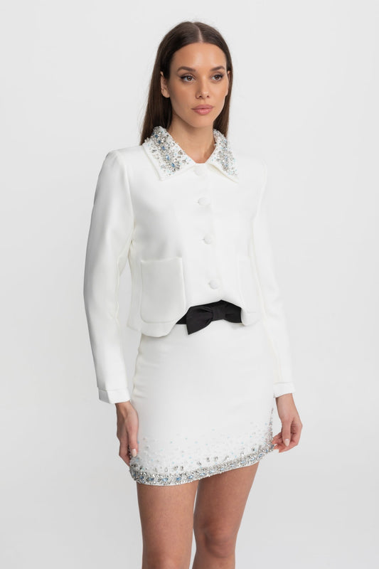 High Waisted Mini Skirt with Crystal Embellished Hem – White – view 2