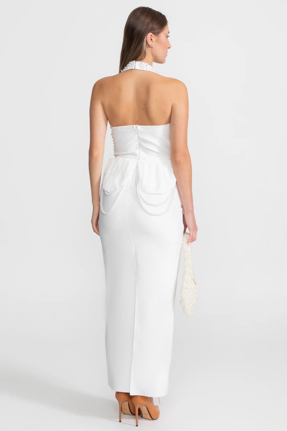 Satin Halter Gown with Pearl Embellishment and Gathered Peplum – White – view 5