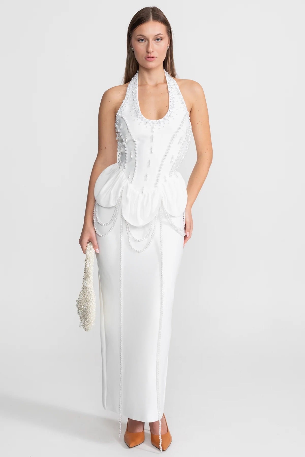 Satin Halter Gown with Pearl Embellishment and Gathered Peplum – White