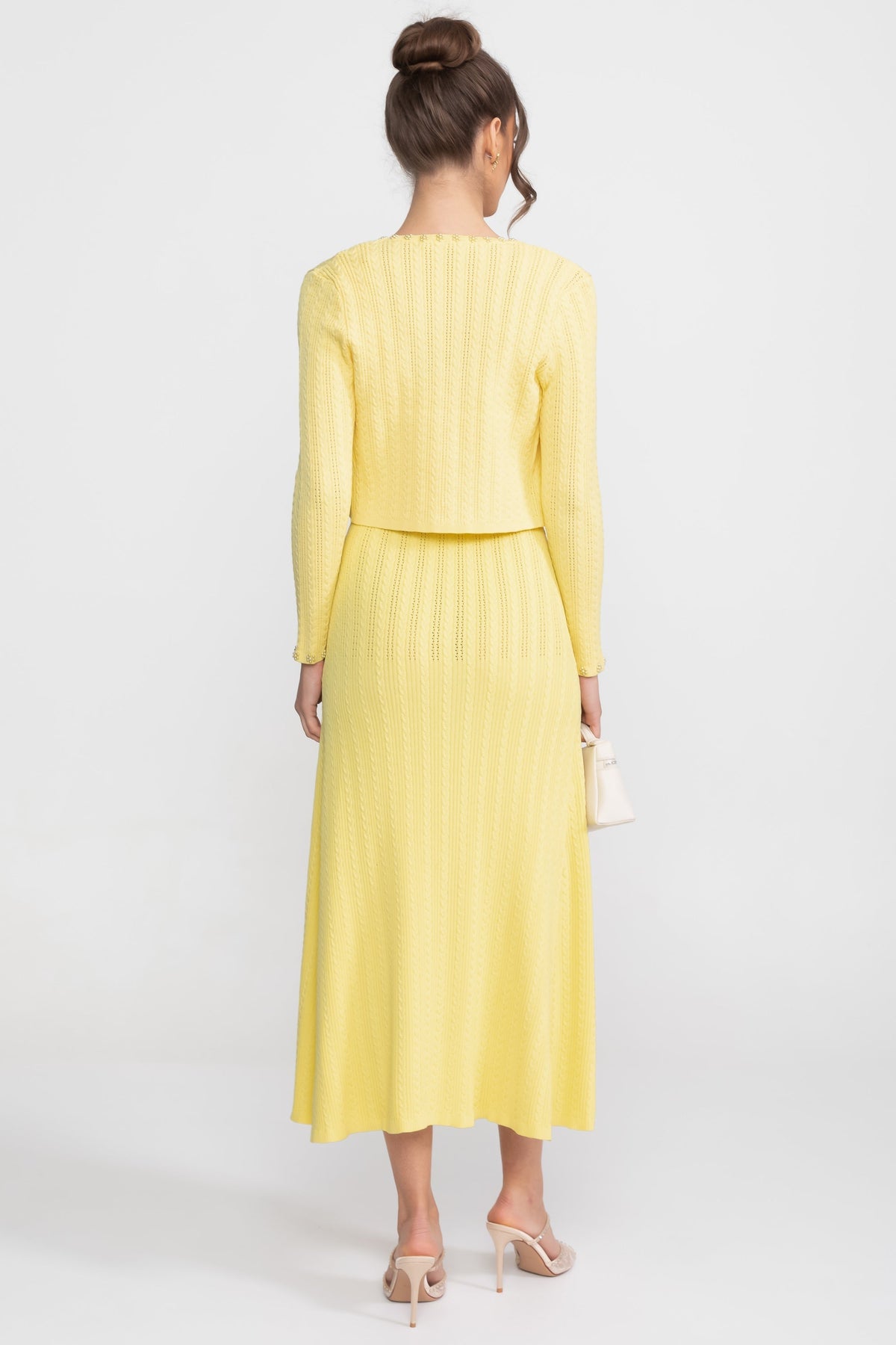 Ribbed Knit Midi Dress and Cropped Cardigan Set with Pearl Buttons – Yellow – view 10
