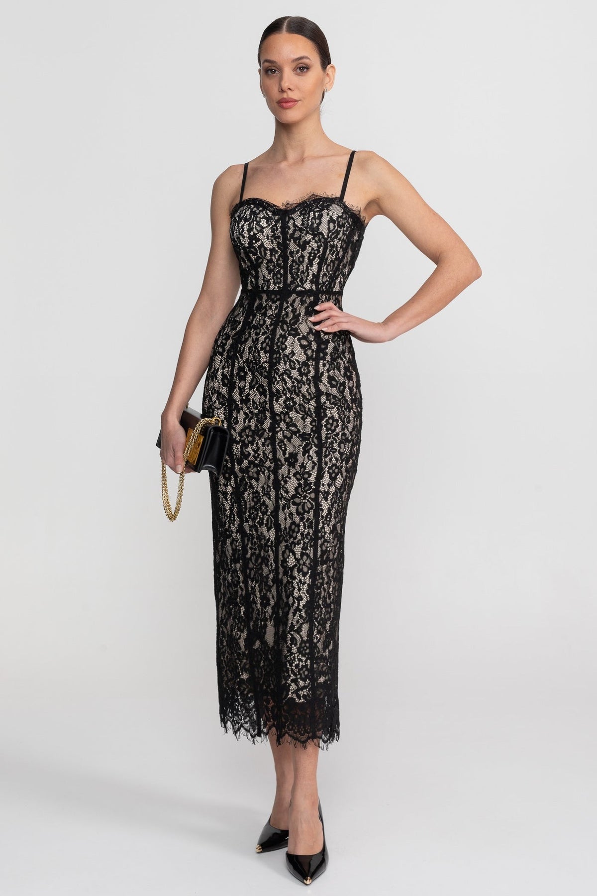 Lace Pencil Midi Dress with Sheer Corset Bodice and Sweetheart Neck – Black – view 5