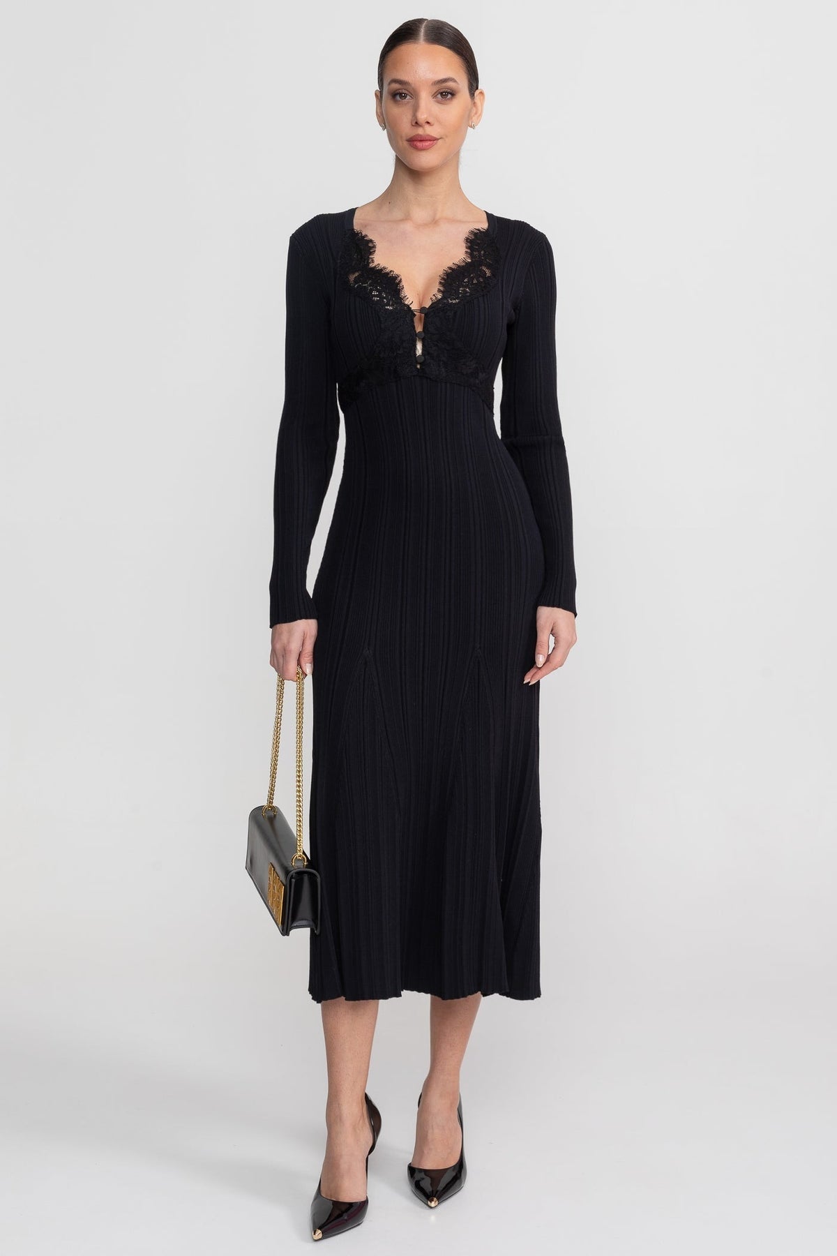 Ribbed Knit Lace Trim V-Neck Long Sleeve Midi Dress – Black – view 1