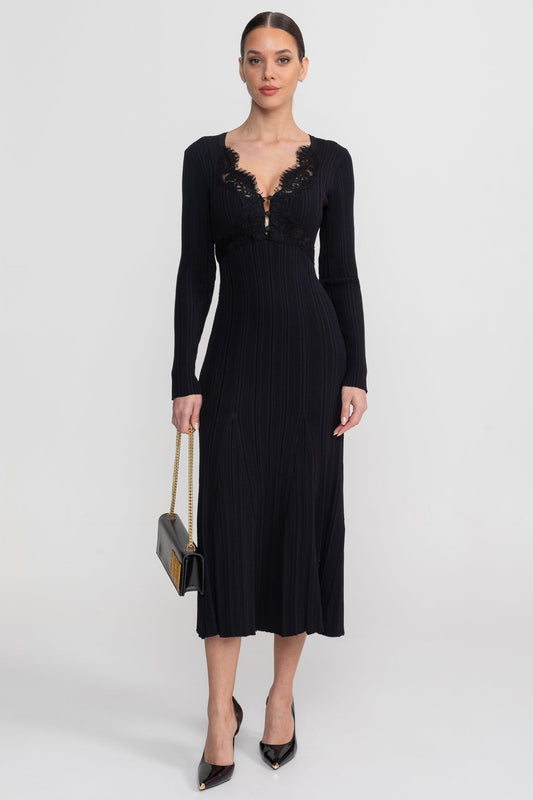 Ribbed Knit Lace Trim V-Neck Long Sleeve Midi Dress – Black