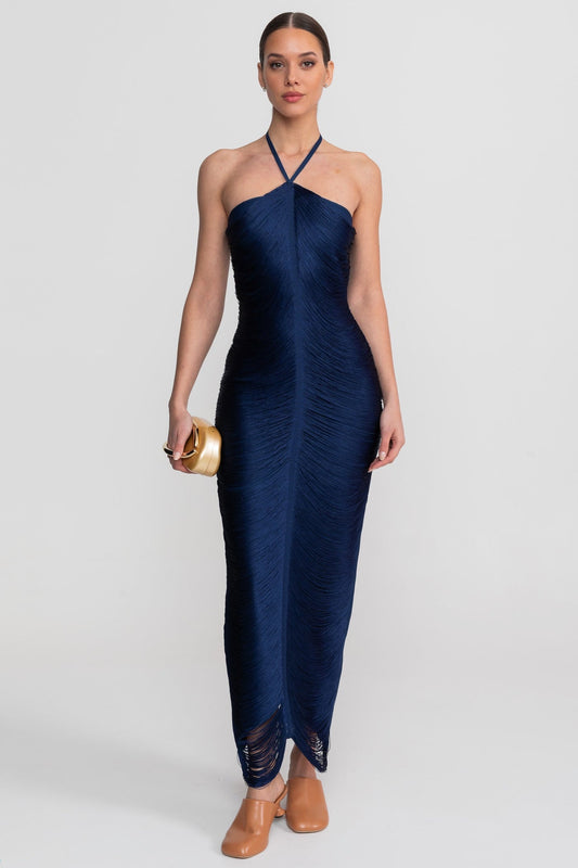 Pleated Halter Neck Body-Contouring Dress with Front Slit – Blue