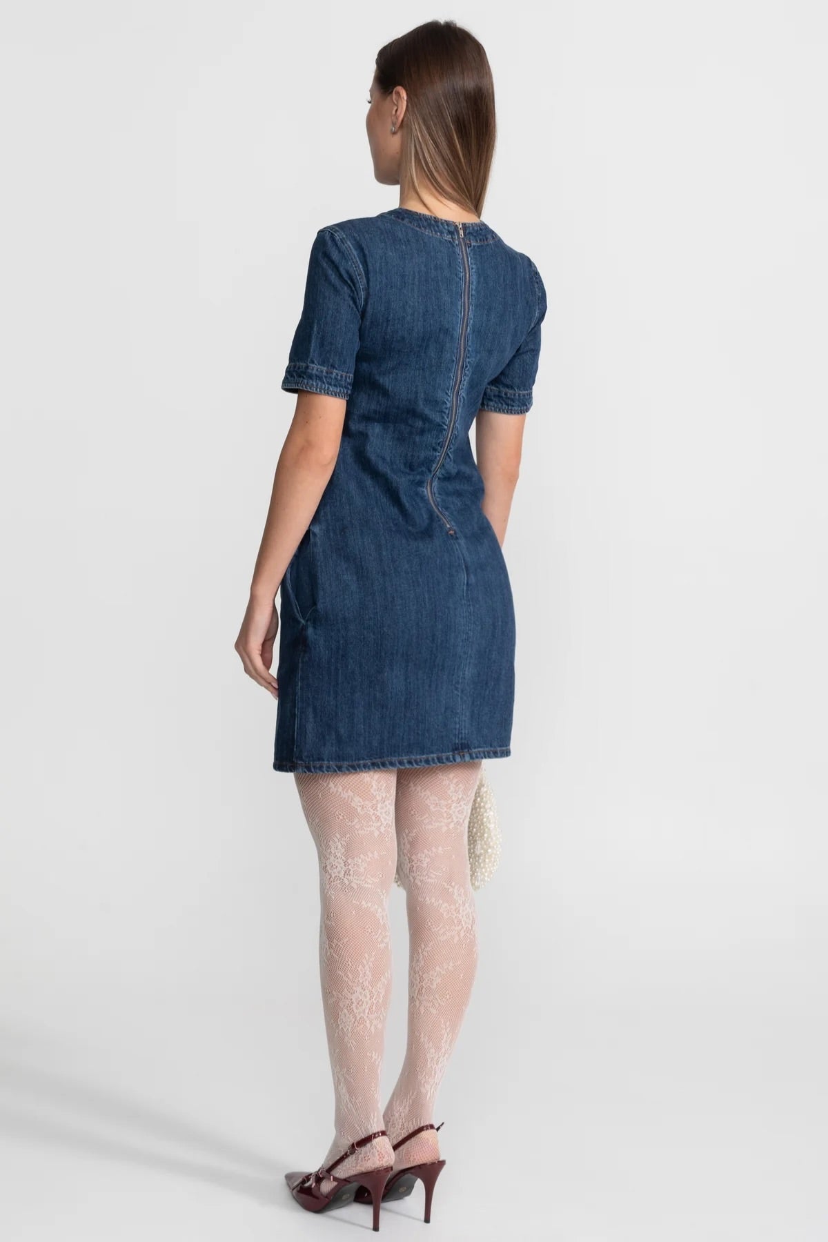 Short Sleeve Denim Mini Dress with Crystal Bow Appliqués – Dark Blue