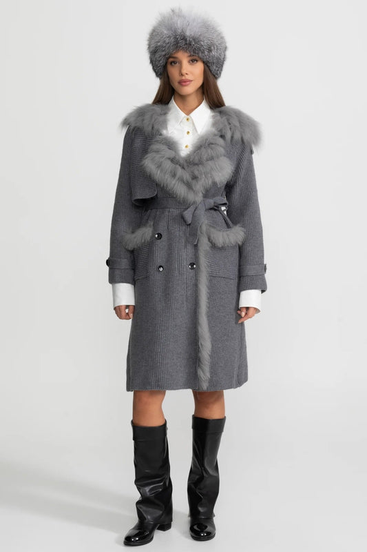 Double-Breasted Wool Knit Belted Overcoat with Collar Trim – Grey