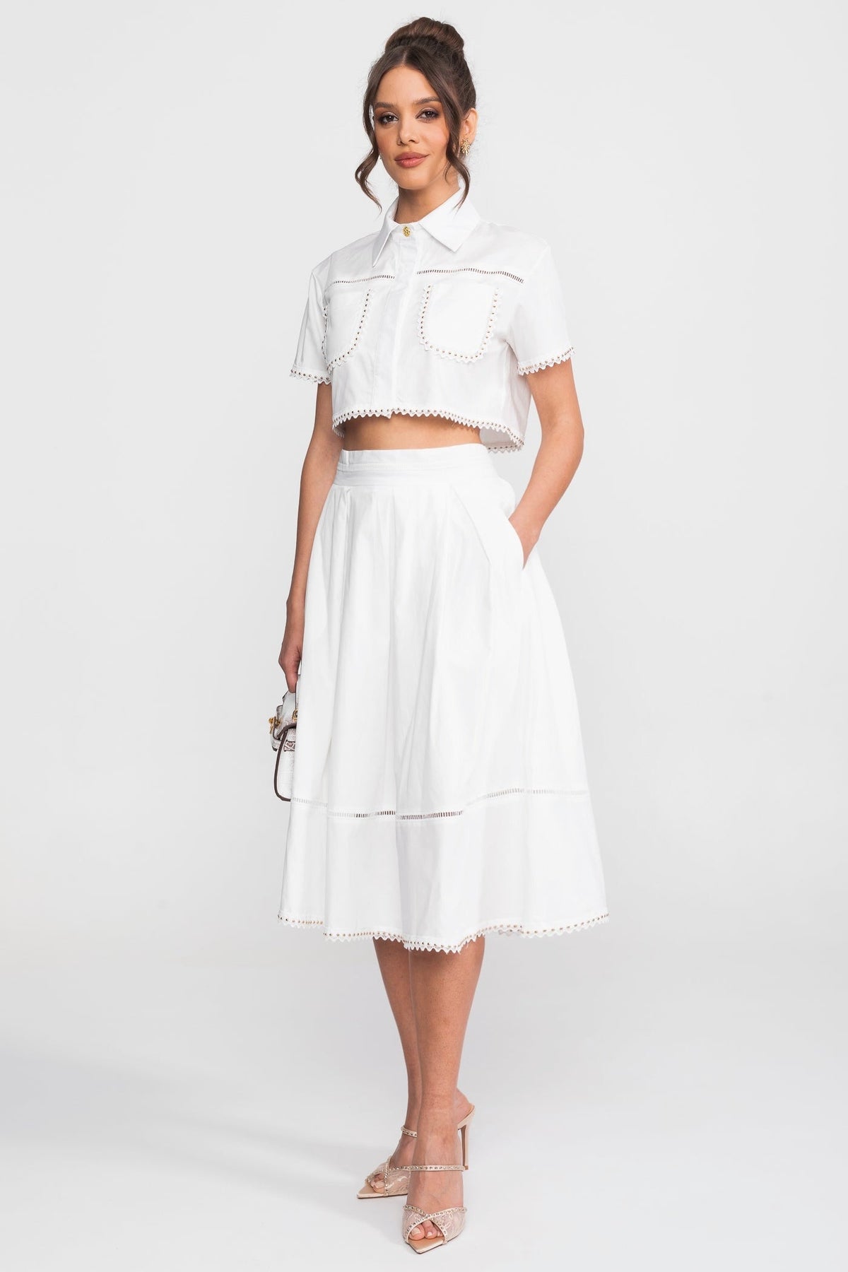 Broderie Trim Cropped Shirt and A-Line Midi Skirt Co-ord Set – White – view 3