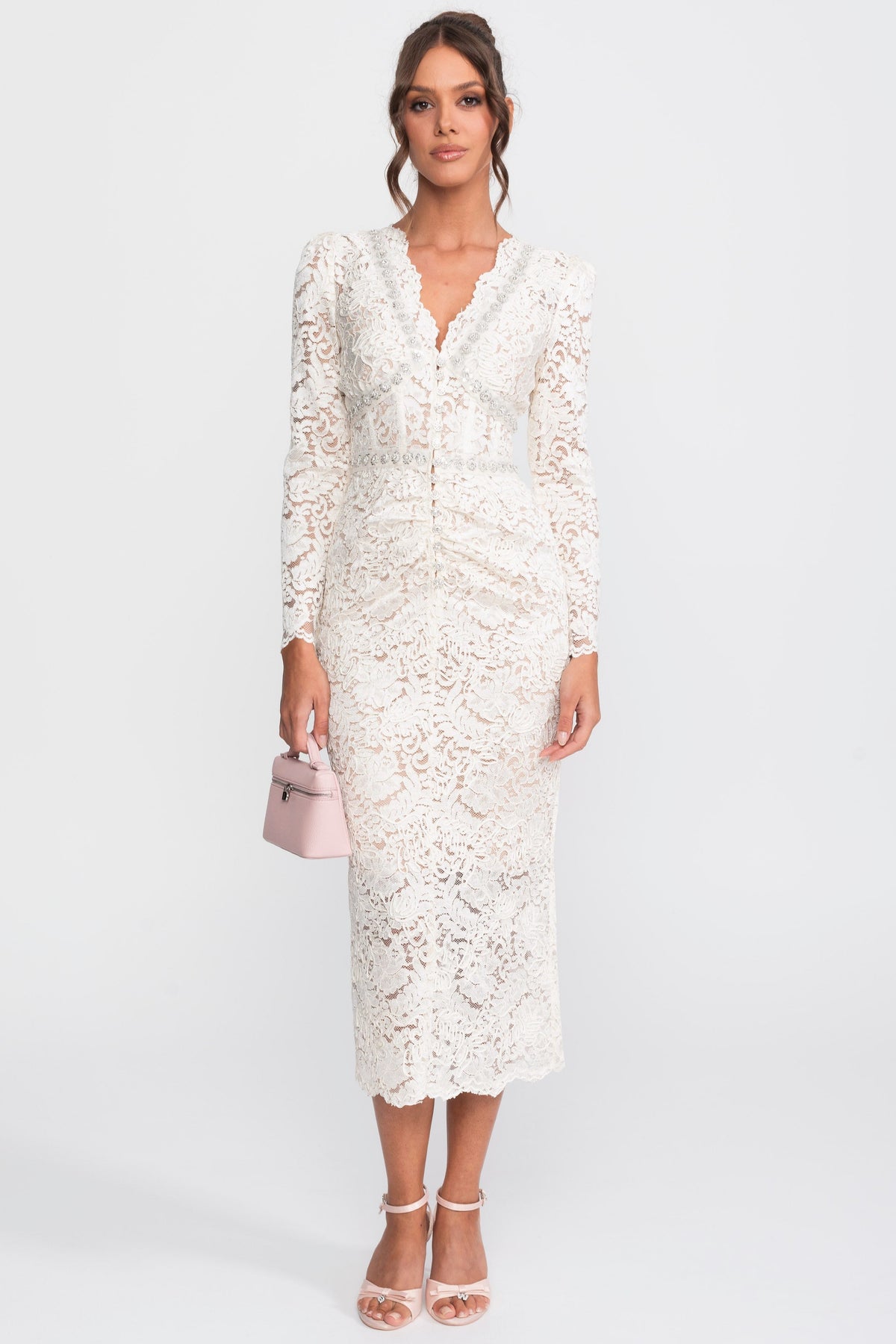 Lace Long Sleeve Dress with Crystal V-Neckline and Ruched Front – Ivory
