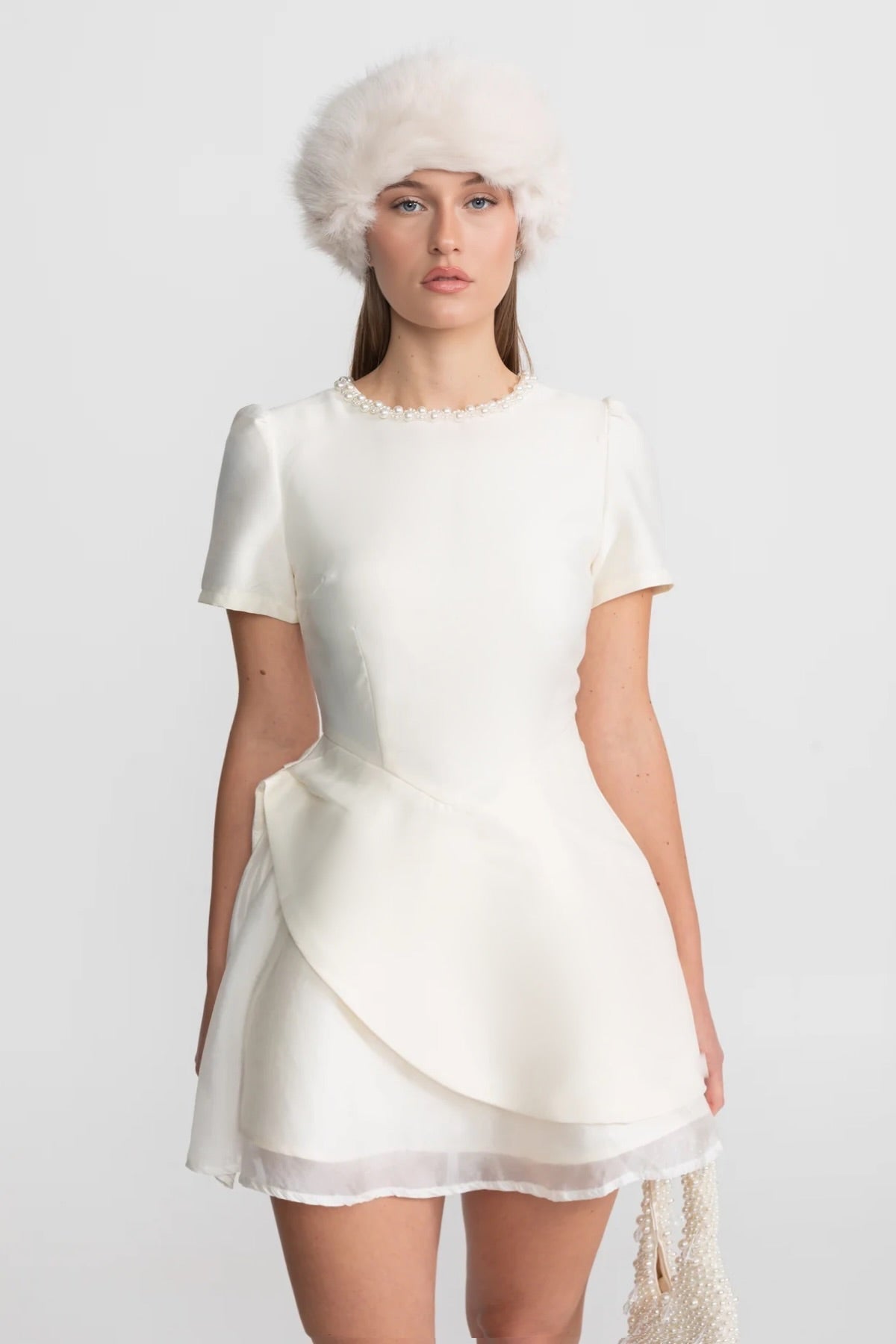 Pearl Trim Crew Neck Satin Mini Dress with Draped Asymmetric Skirt – Ivory – view 1