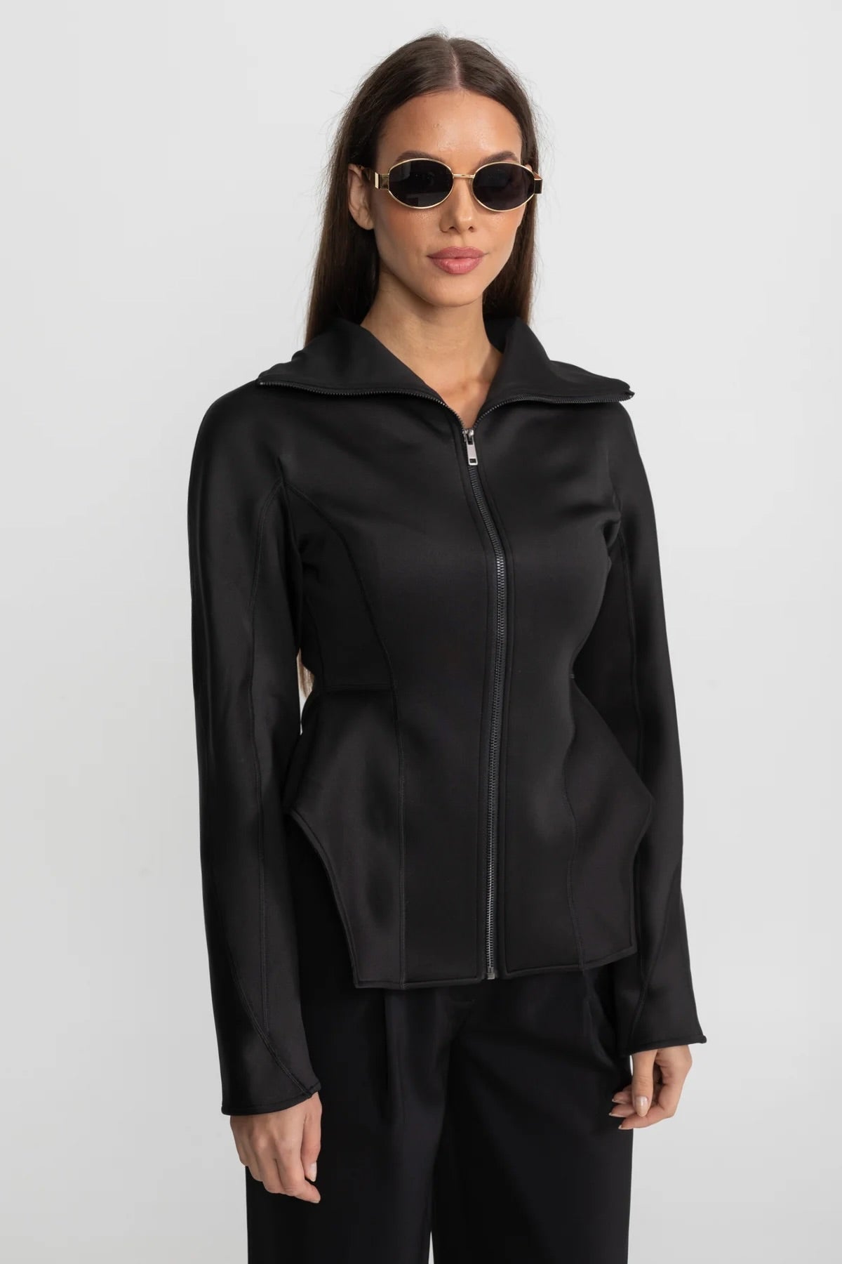 Structured Zip-Up Jacket with Sculpted Seams and High Collar – Black – view 1