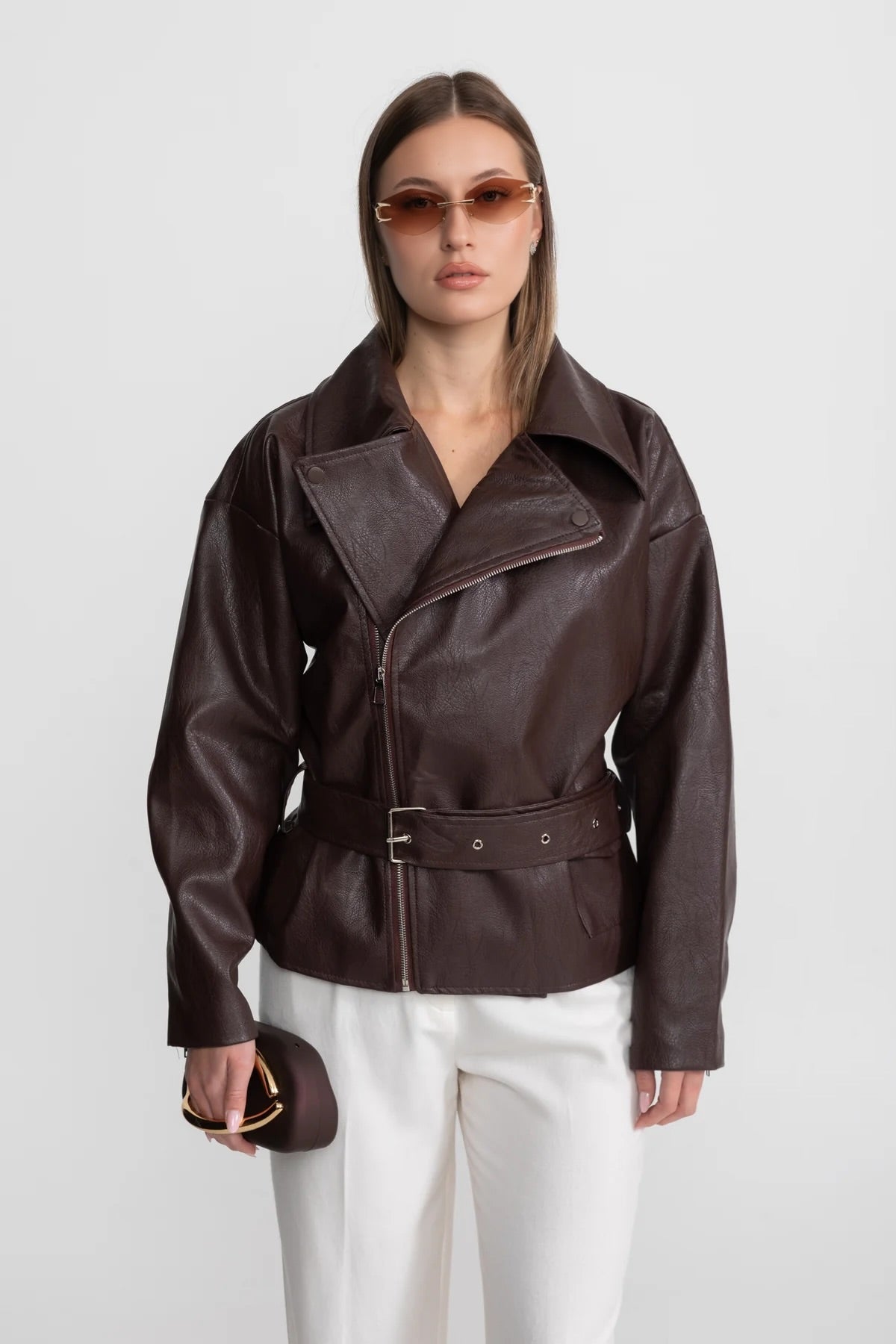 Belted Biker Jacket with Wide Notched Lapels – Chocolate Brown