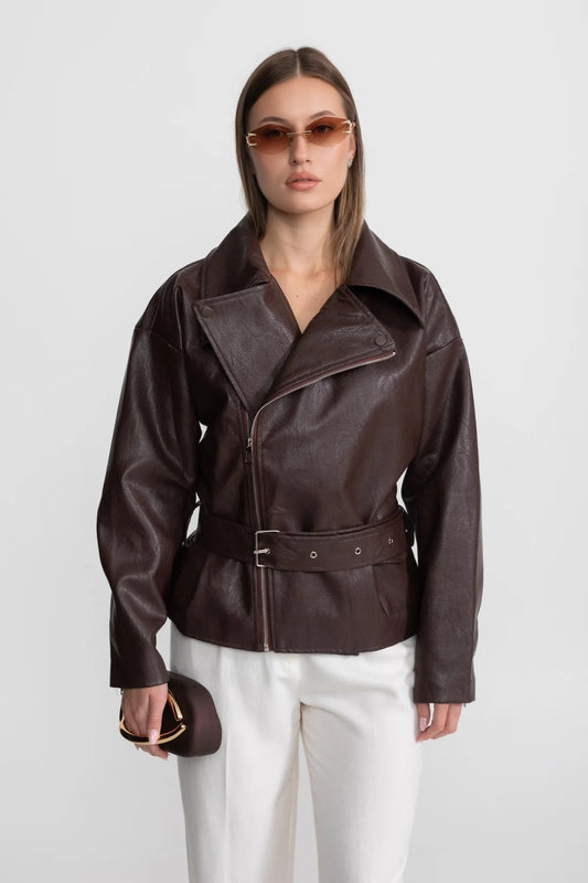 Belted Biker Jacket with Wide Notched Lapels – Chocolate Brown