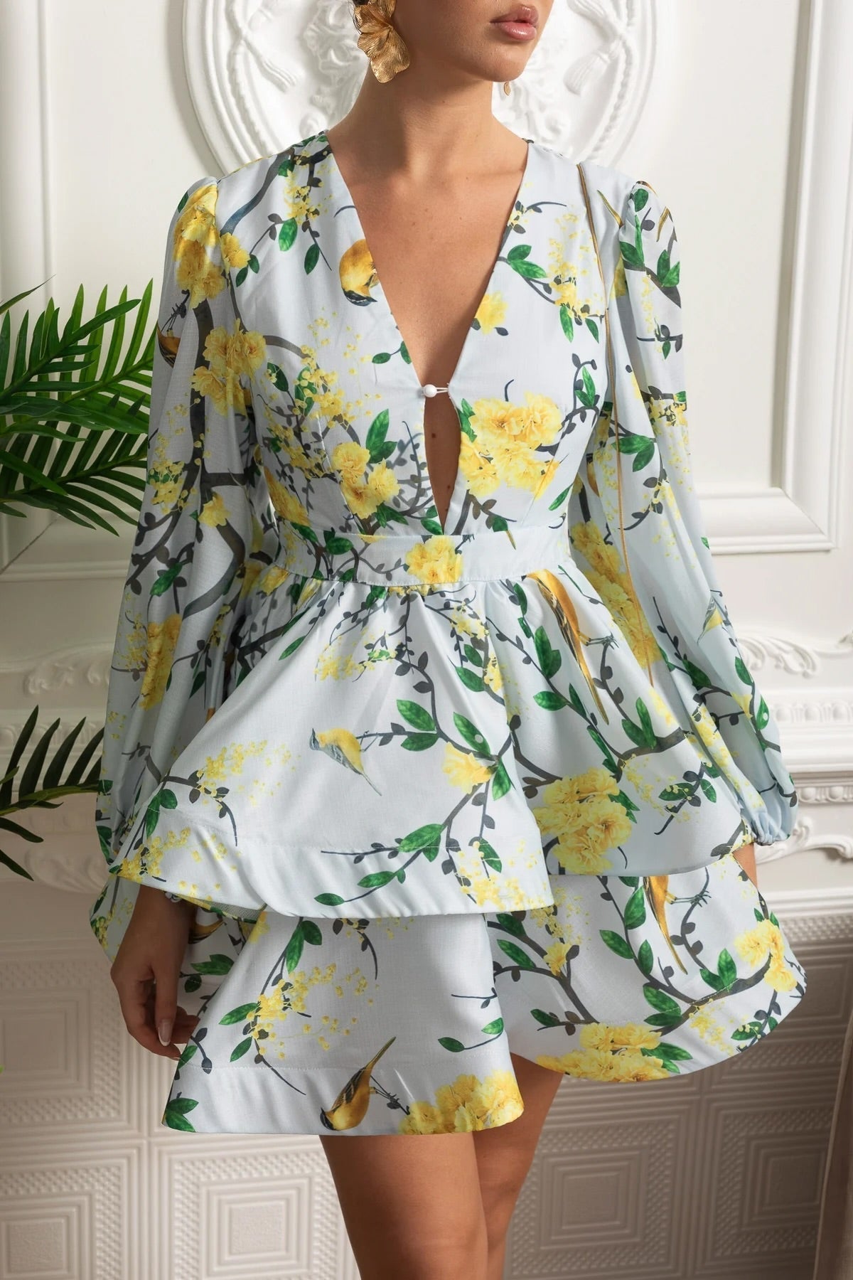 Watercolour Floral V-Neck Volume Sleeve Peplum Mini Dress – Sky Blue – view 3