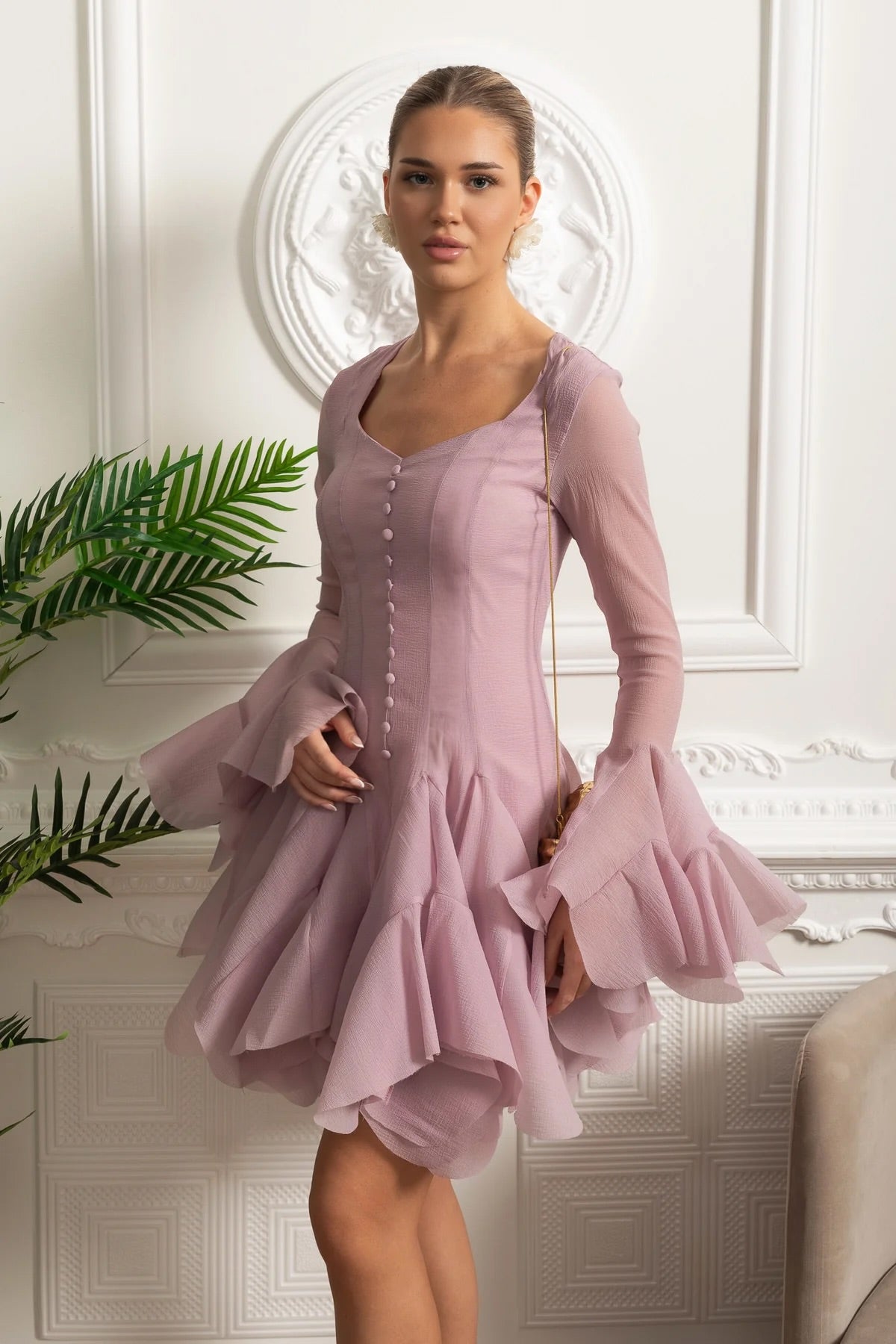 Square Neck Corset Waist Mini Dress with Sheer Ruffle Sleeves – Pink – view 1