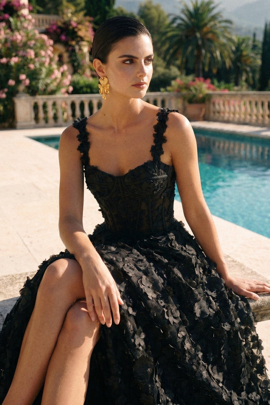 Floral Appliqué Corset Bodice Sweetheart Neck Maxi Dress – Black – view 2