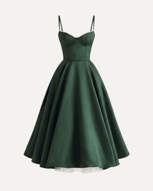 Giulia Duchess Satin Midi Dress with Tulle Underskirt – Forest Green