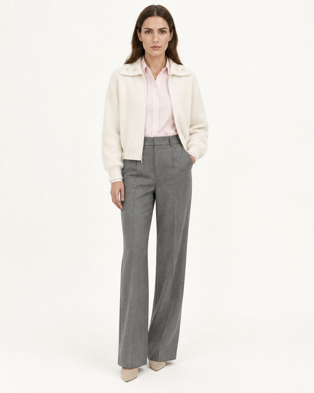 Lina Beaded and Embroidered Cashmere Zip Cardigan with Lapel Collar – view 6