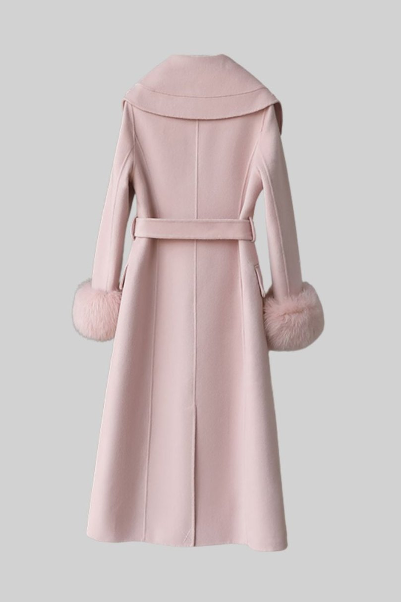 Cashmere Wool Midi Overcoat with Fluffy Cuffs and 3D Floral Detail – Pink
