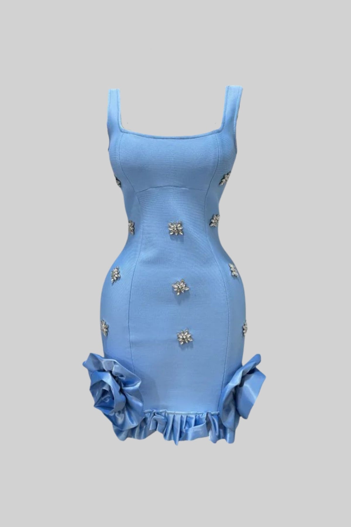 Square Neck Bodycon Mini Dress with Crystal Flowers – Baby Blue – view 2