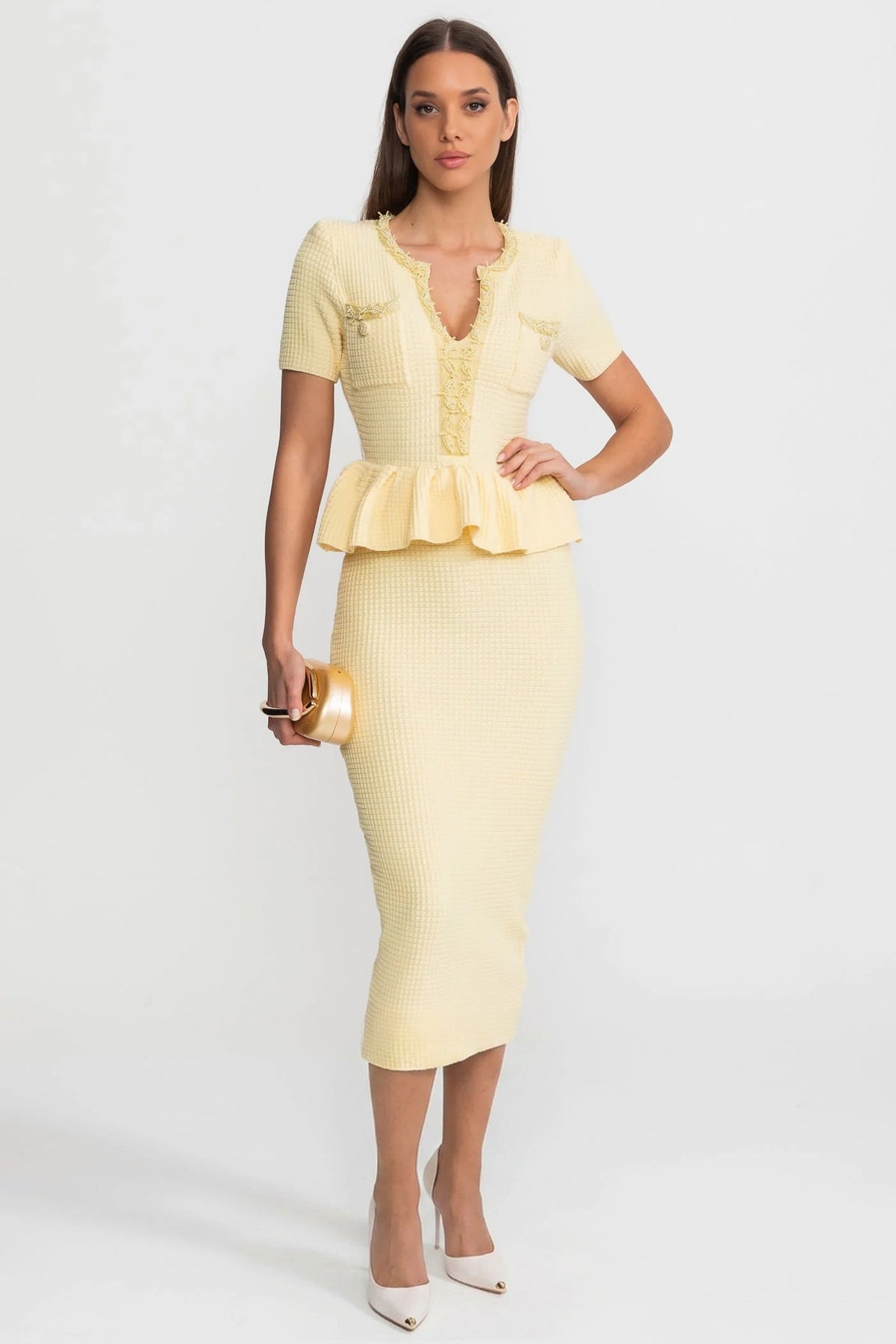 Fitted Knit Midi Dress with Peplum Waist and Patch Pockets – Yellow – view 1