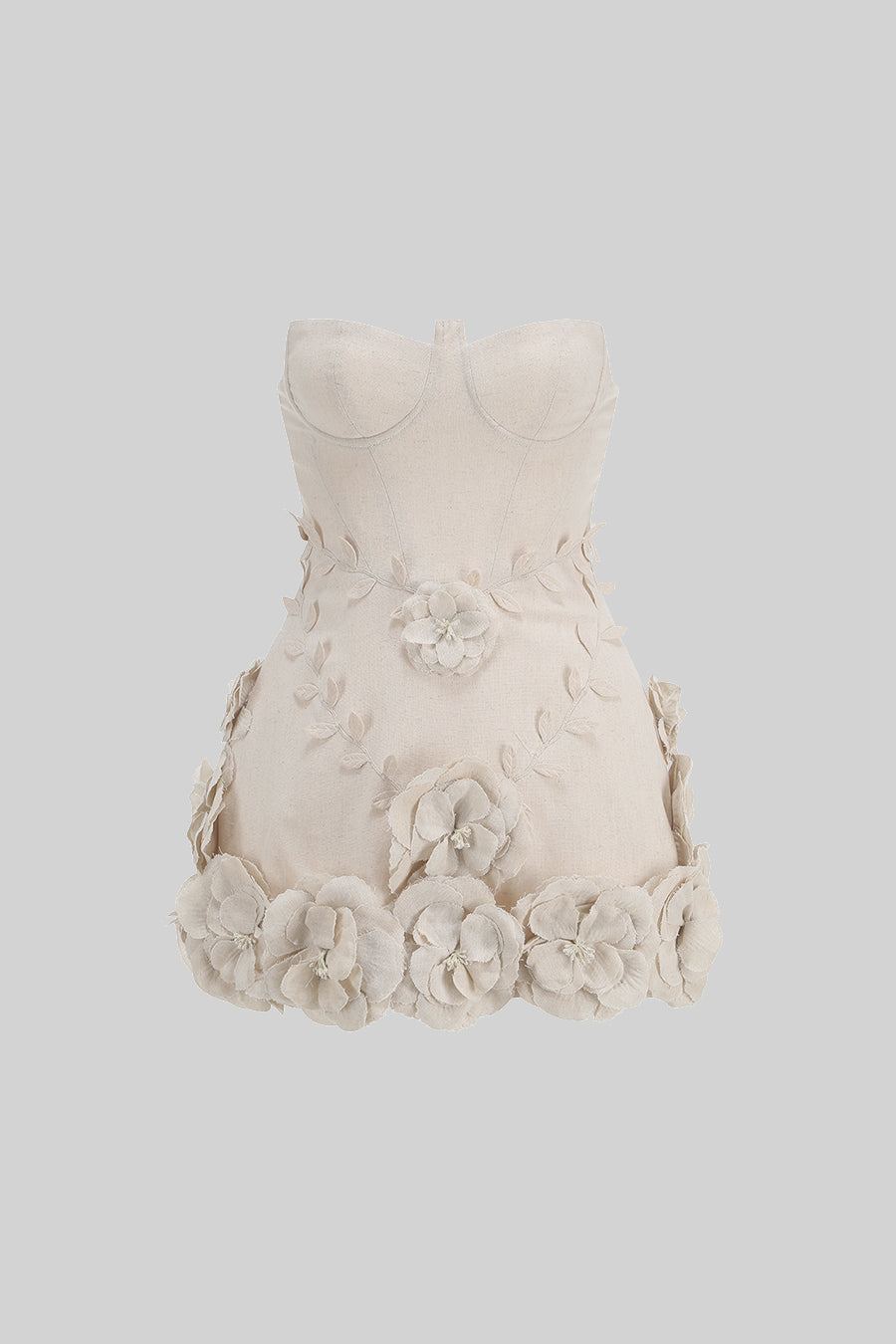 Strapless Bustier Mini Dress with 3D Floral Appliqués – Ivory – view 3