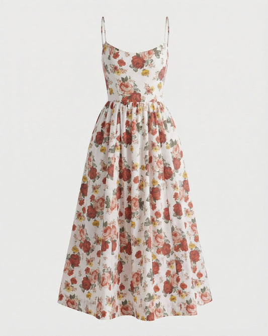 Mira Border Detail Cotton Blend Printed Dress – Red Floral on White