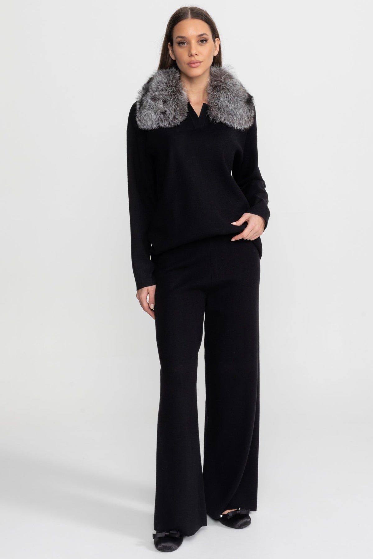 Knit Lounge Top and Straight Leg Trousers Set – Black/Grey – view 3