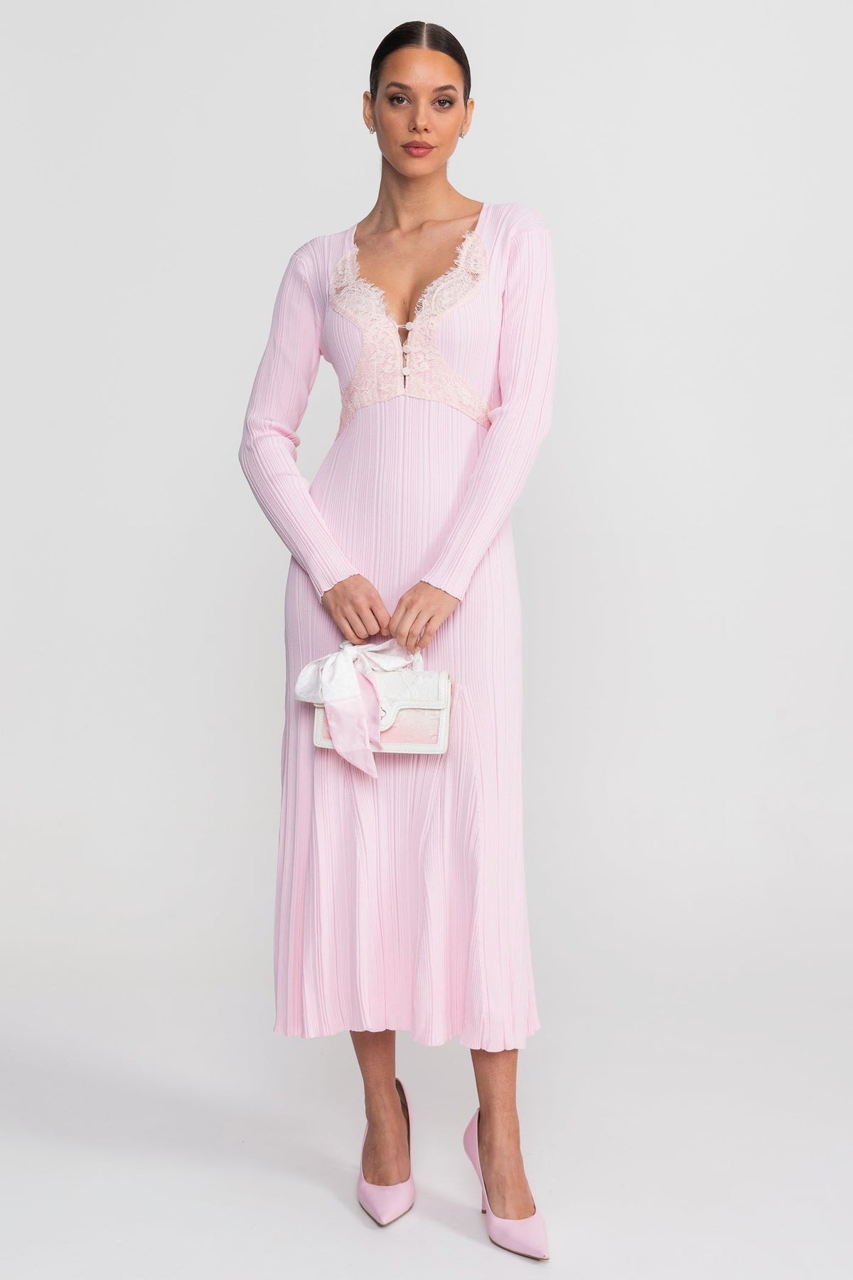 Ribbed Knit Lace Trim V-Neck Long Sleeve Midi Dress – Baby Pink – view 6