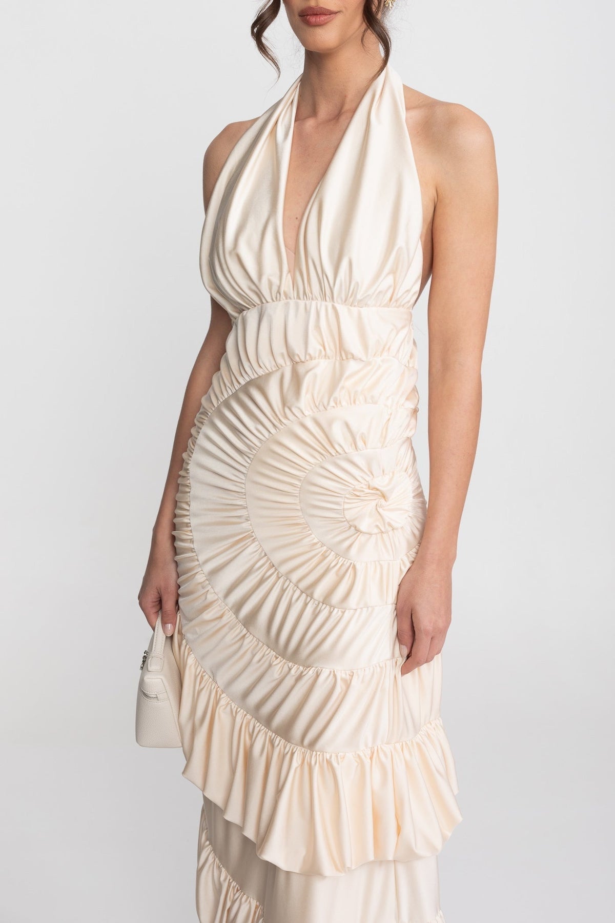 Halter Cowl Neck Fan-Pleated Maxi Dress with Tiered Ruffle Skirt – Ivory – view 6