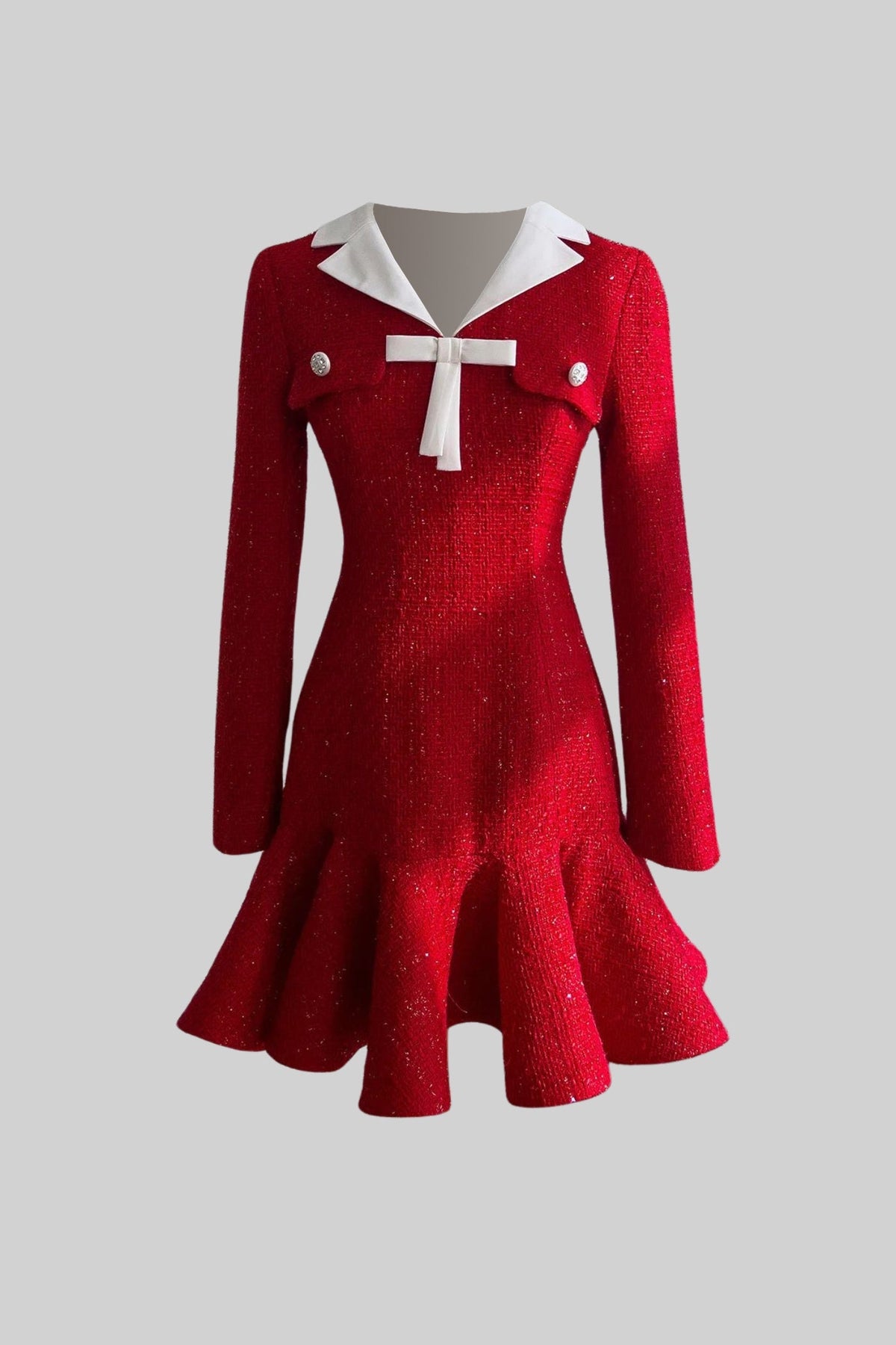 Tweed Fit-and-Flare Dress with Contrast Collar and Bow Detail – Red – view 2