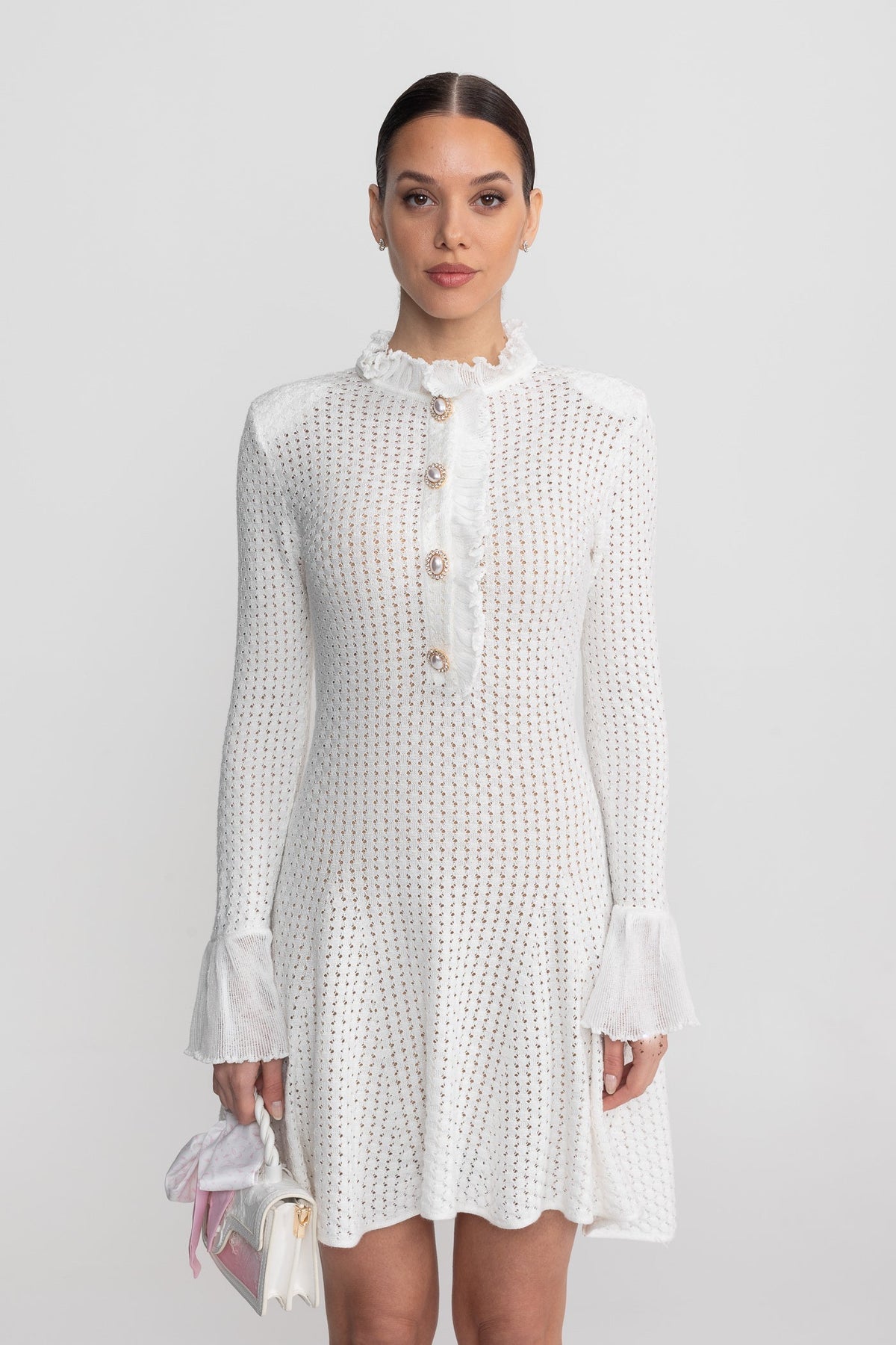 Open-Knit Ruffle High Neck Mini Dress with Pearl Button Placket – White – view 6