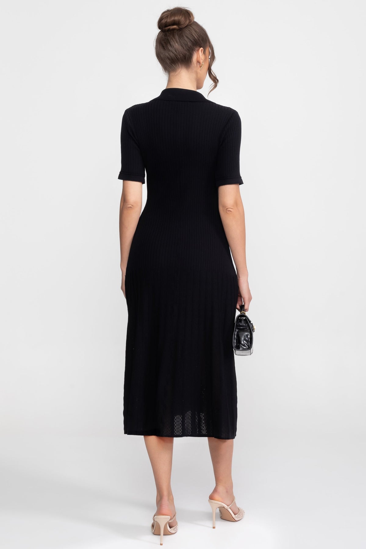 Ribbed Knit Peter Pan Collar Midi Dress with Pleated Skirt – Black – view 4