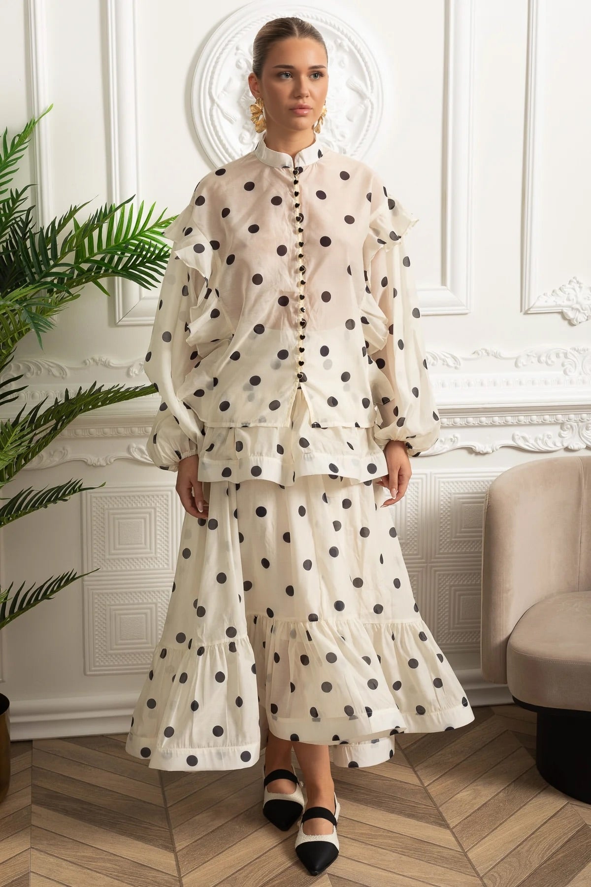 Polka Dot Organza Bow Waist Top and Tiered Maxi Skirt Set – Ivory – view 2