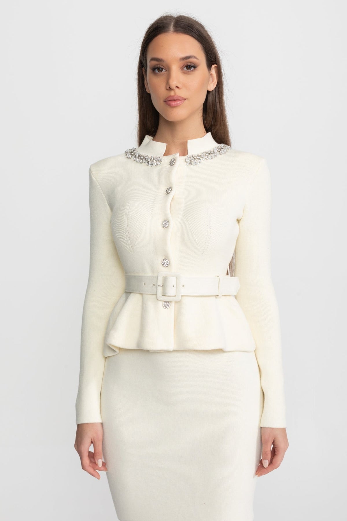 Structured Knit Peplum Midi Dress with Crystal Collar and Belt – Ivory – view 3