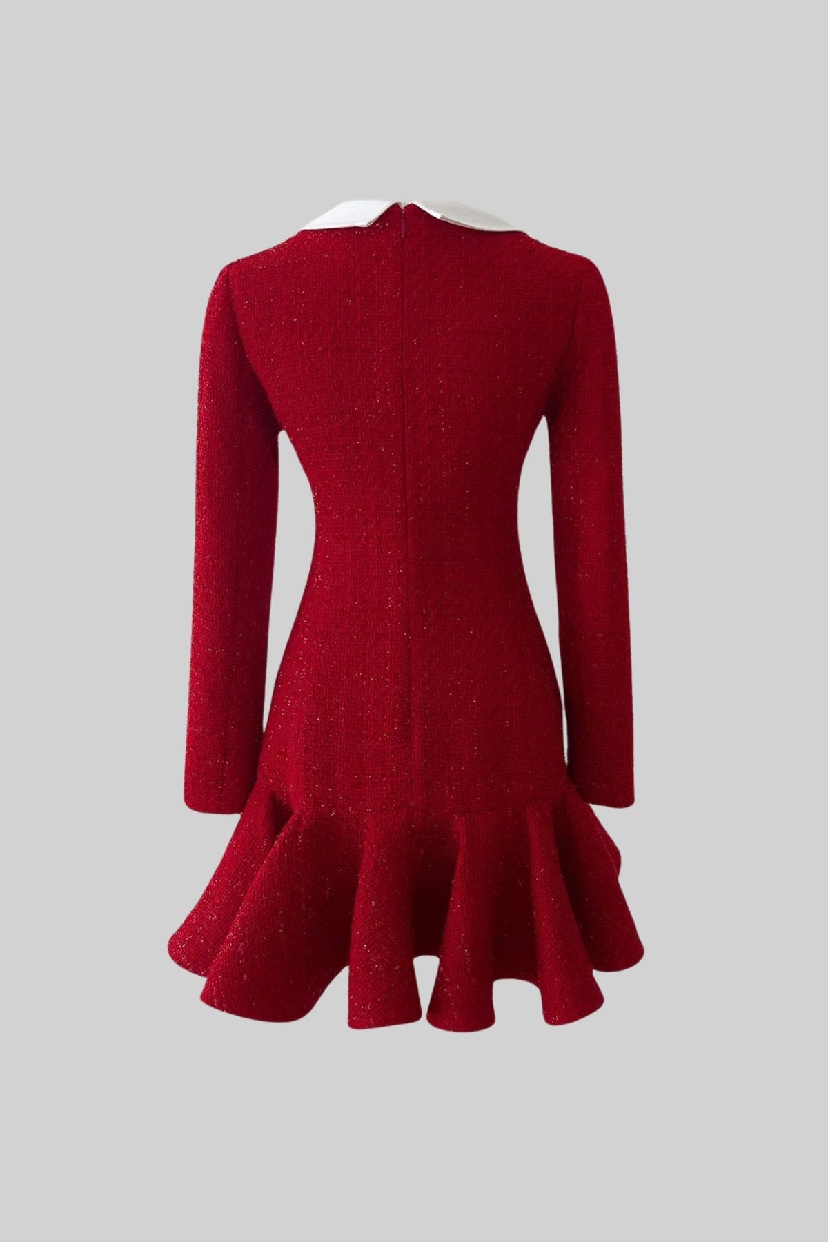Tweed Fit-and-Flare Dress with Contrast Collar and Bow Detail – Red – view 3