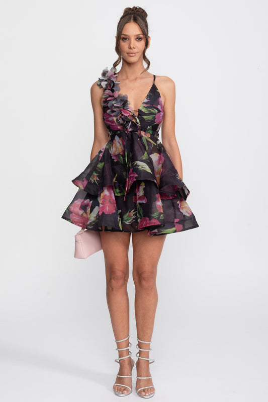 Floral Print Halter Neck Tiered Mini Dress with Rosette Strap – Black