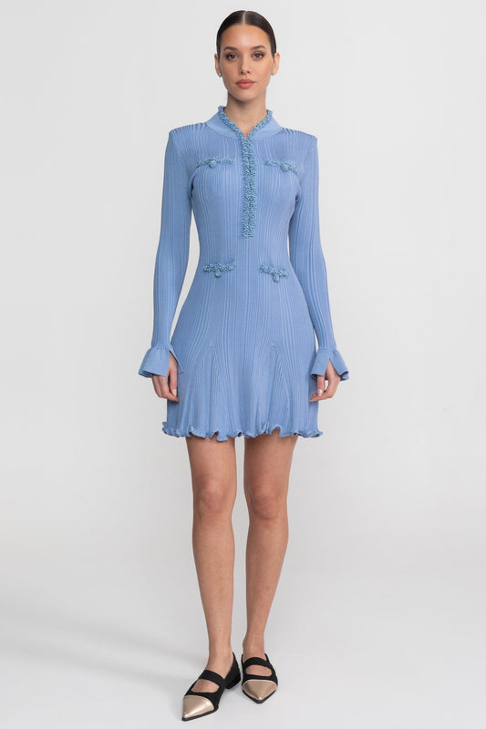 Long Sleeve Ribbed Knit Mini Dress with Beaded Trim and Scalloped Hem – Blue