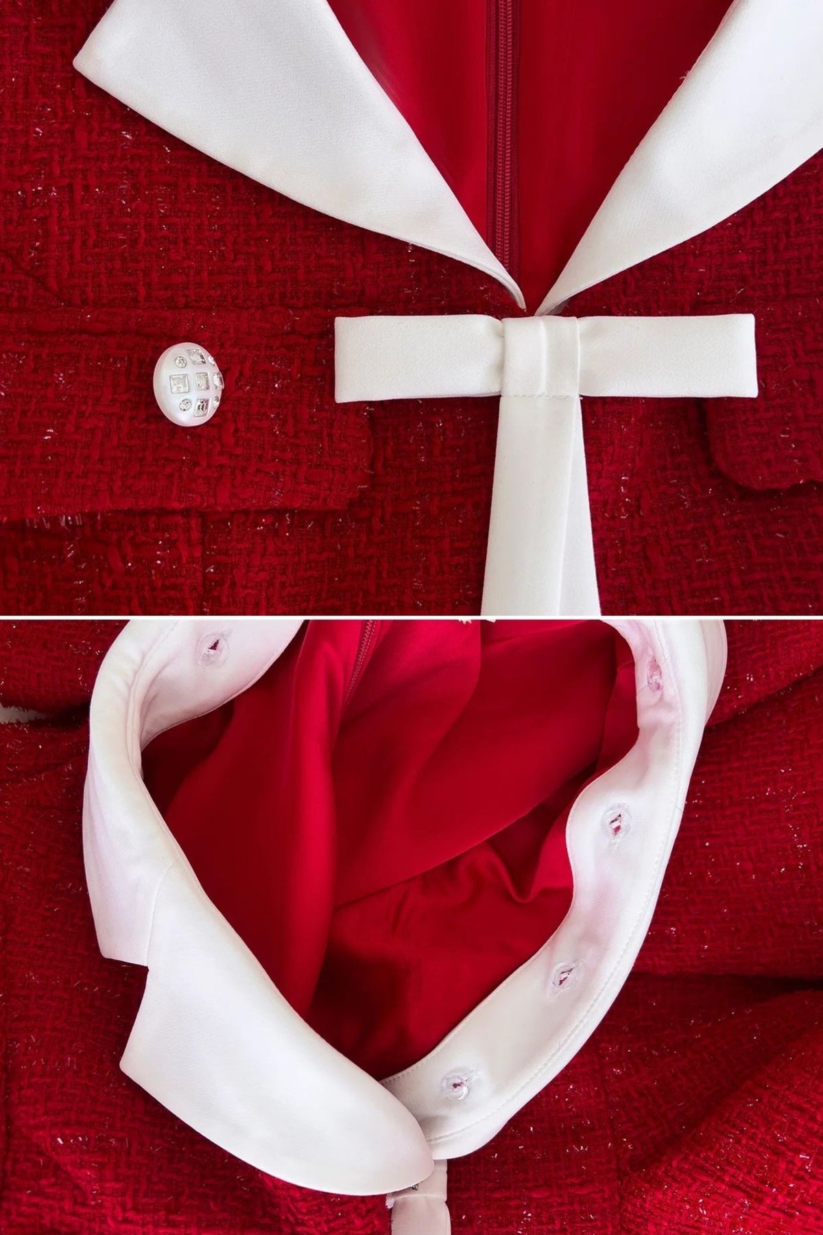 Tweed Fit-and-Flare Dress with Contrast Collar and Bow Detail – Red – view 4