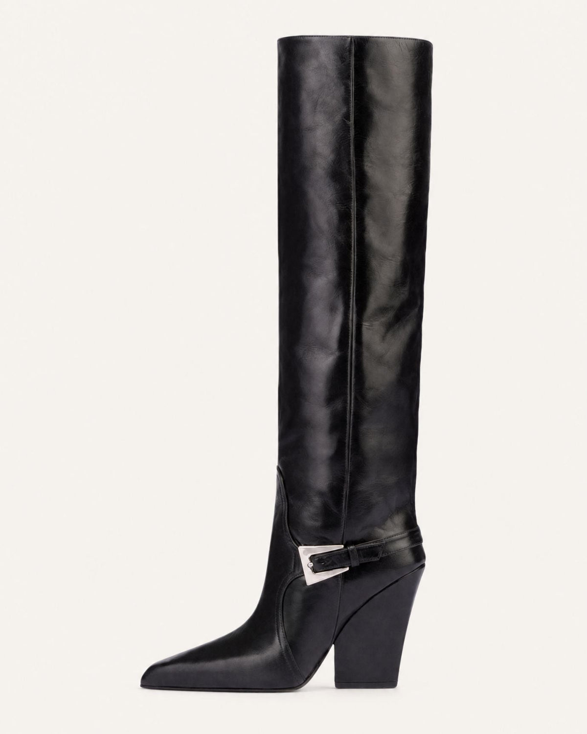 Leather Knee-High Boots with Buckle Detail and 9cm Block Heel – Black – view 1