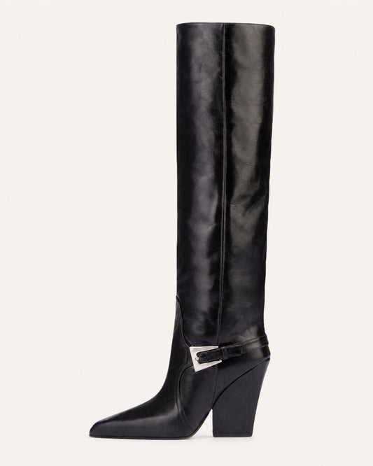 Leather Knee-High Boots with Buckle Detail and 9cm Block Heel