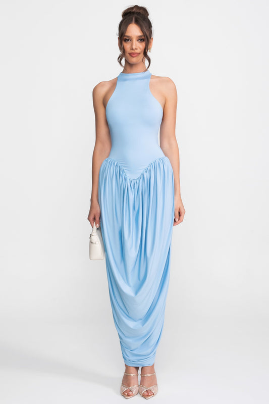 High Halter Neck Fitted Maxi Dress with Gathered Balloon Skirt – Light Blue