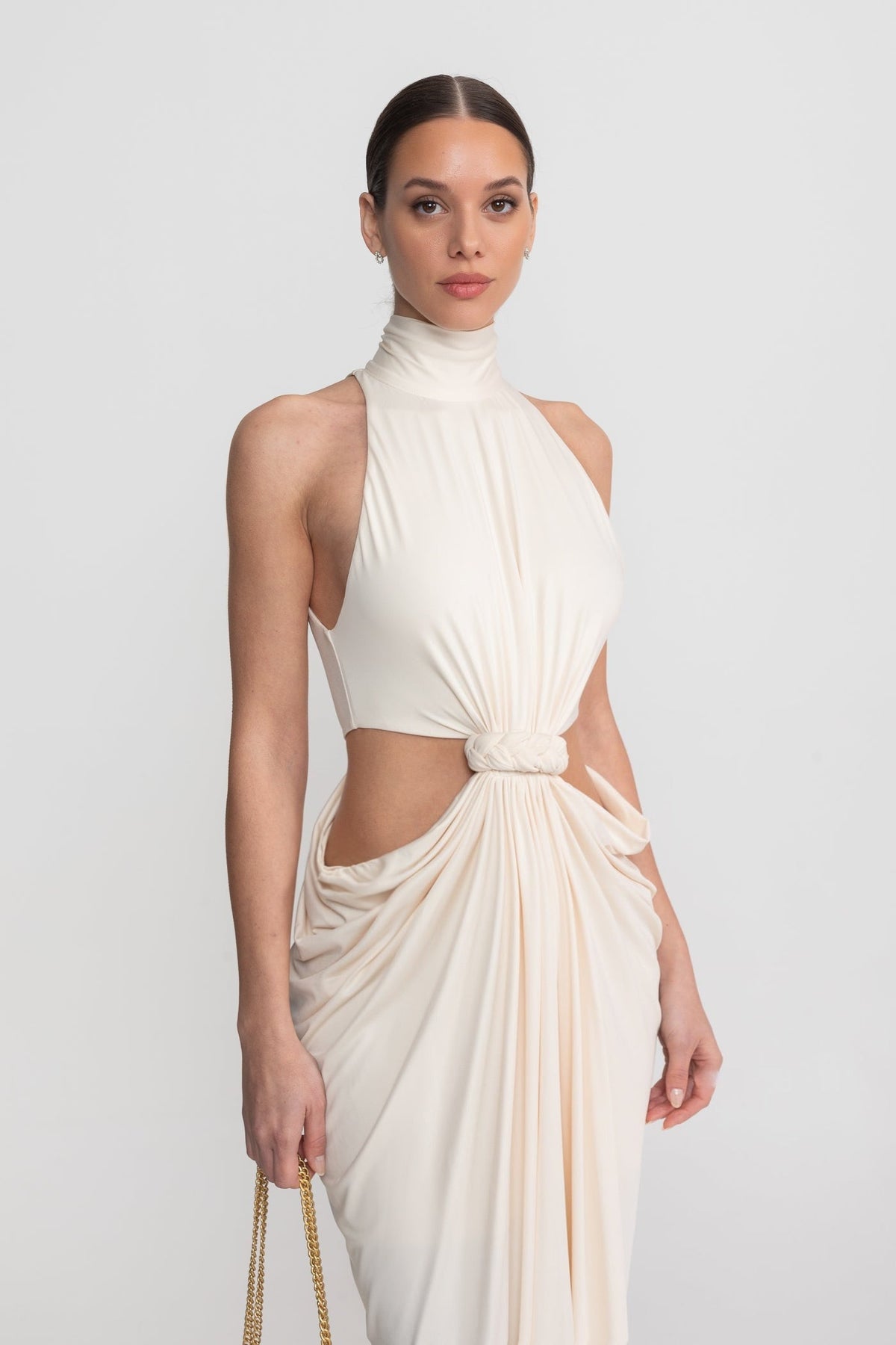 High Neck Halter Jersey Maxi Dress with Knotted Cut-Out Waist – Ivory – view 4