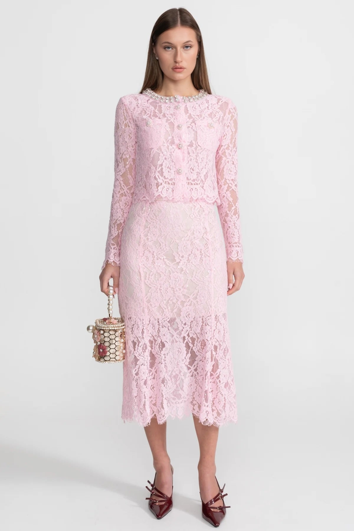 Long Sleeve Lace Top and Midi Skirt Set with Crystal Collar – Pink – view 1