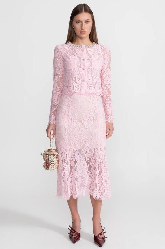 Long Sleeve Lace Top and Midi Skirt Set with Crystal Collar – Pink
