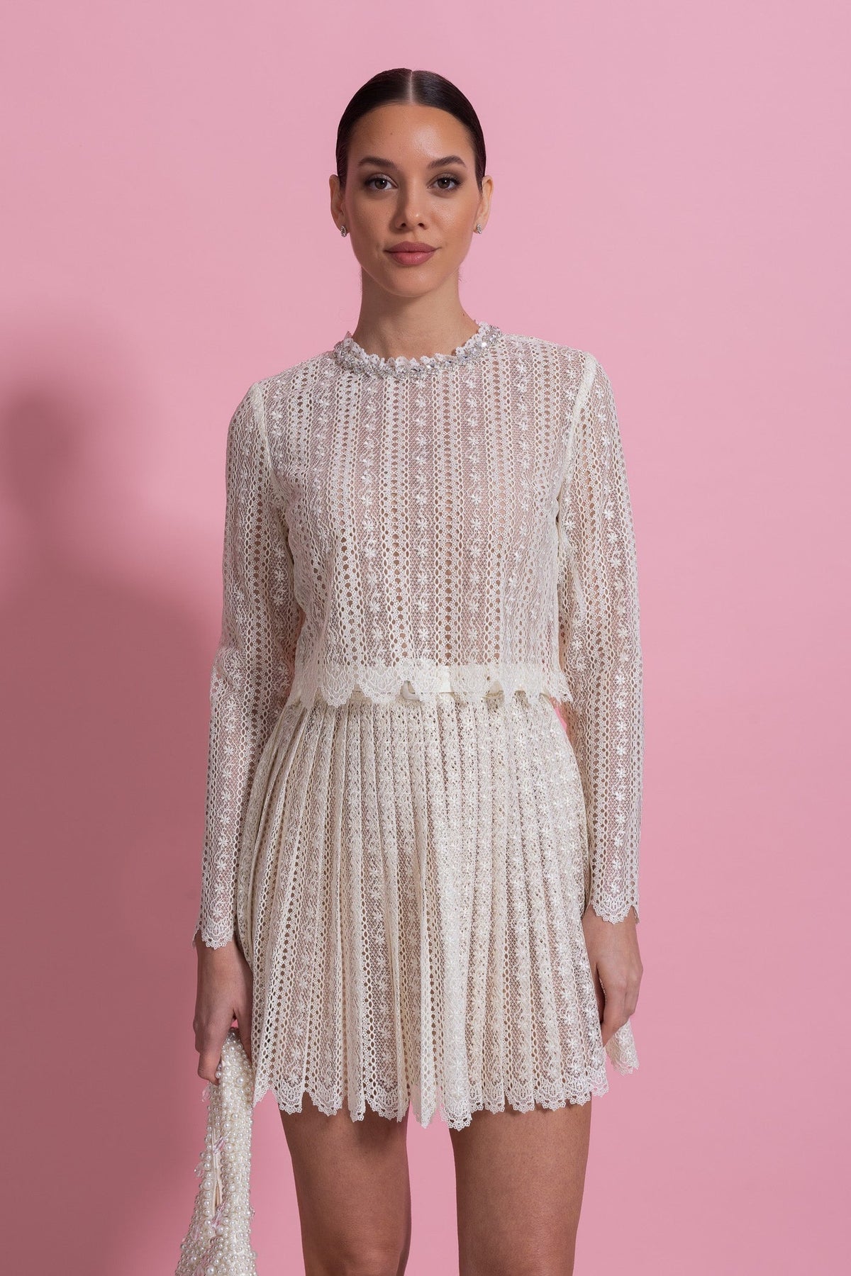 Lace High Neck Long Sleeve Mini Dress with Pleated Skirt – Ivory