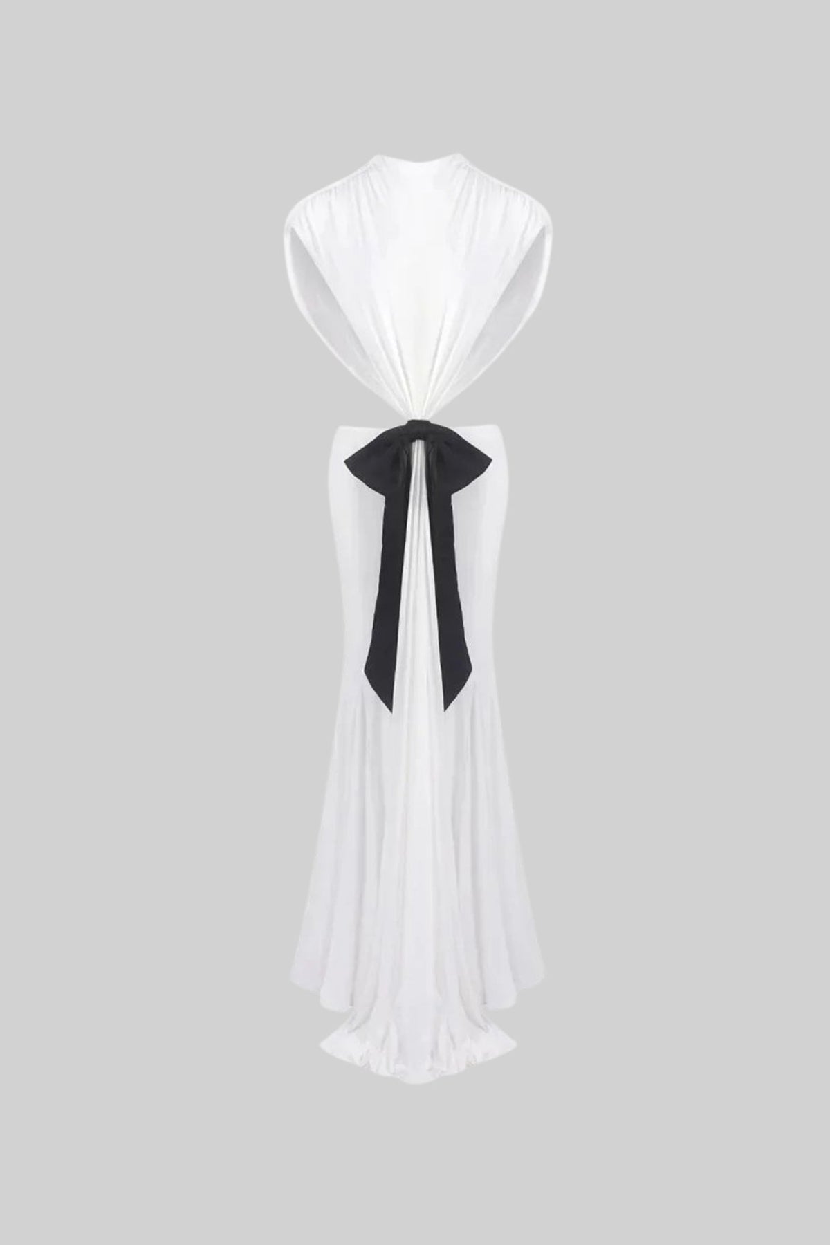 High Neck Open Back Draped Maxi Gown with Contrast Bow – White – view 2
