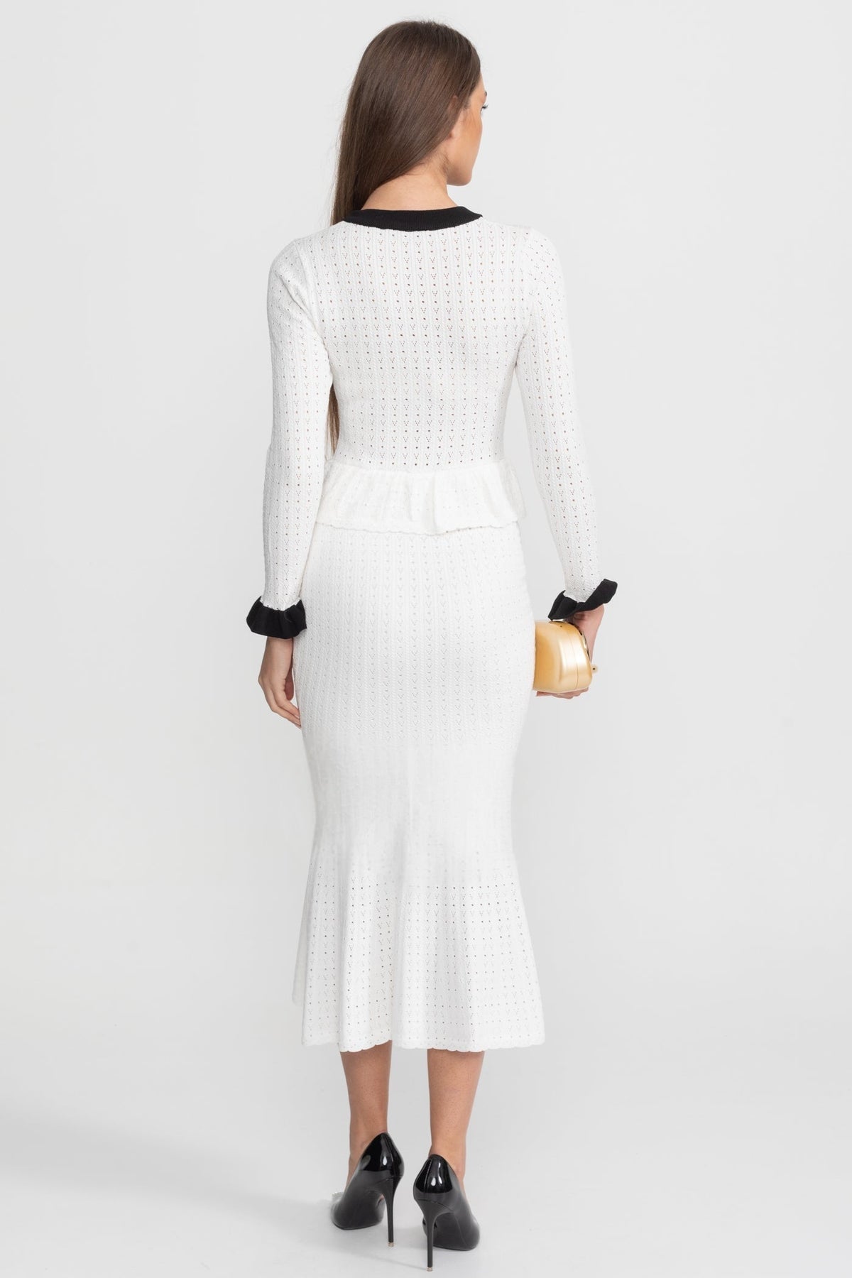 Pointelle Knit Peplum Top and Midi Skirt Set with Contrast Trim – White – view 5